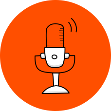 Microphone icon on an orange background, symbolizing podcasting and audio content creation.