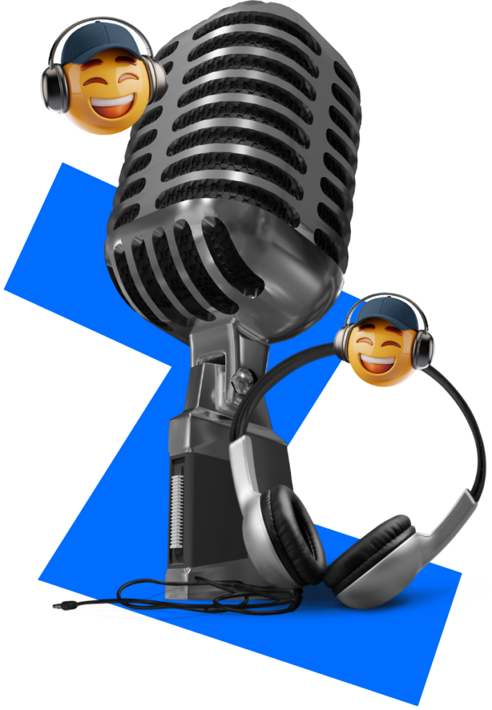 Microphone with headphones and smiling emojis, representing the Blueprints & Beginnings podcast focused on actionable knowledge and career development.