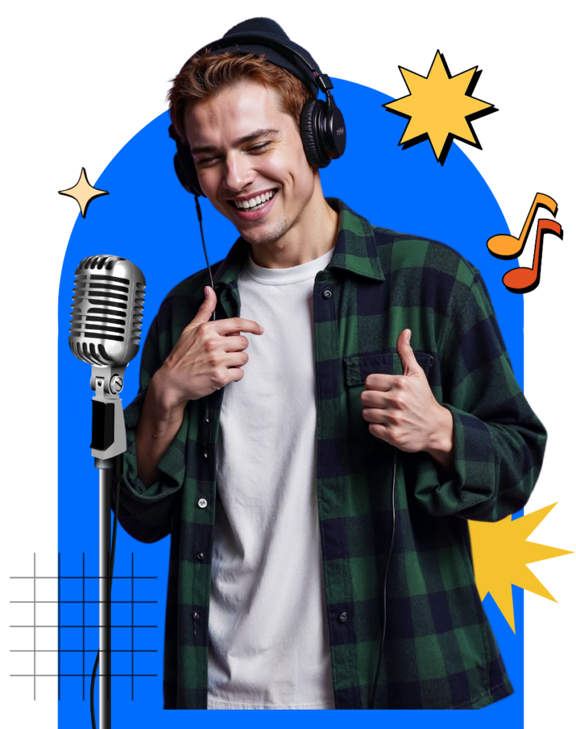 Smiling young man wearing headphones, thumbs up, standing next to a vintage microphone, with colorful graphic elements symbolizing music and podcasting, reflecting the engaging atmosphere of Blueprints & Beginnings podcast.