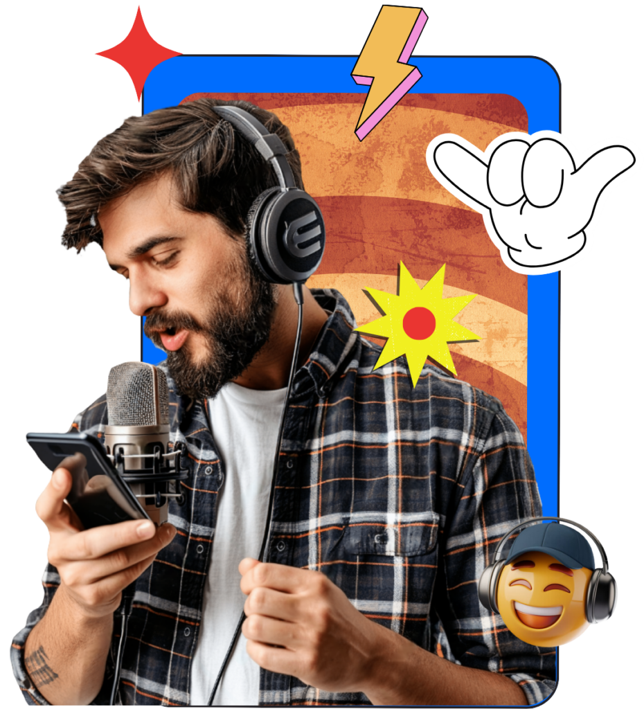 Man wearing headphones and holding a smartphone, engaging with a microphone, surrounded by colorful graphic elements representing podcasting and motivation.