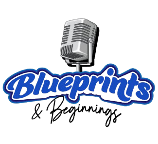 Microphone logo of 'Blueprints & Beginnings' podcast, emphasizing entrepreneurship, career development, and actionable insights.