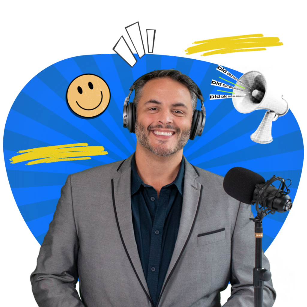 Smiling podcast host wearing headphones and a suit, standing in front of a blue background with a smiley face, megaphone, and abstract shapes, representing the Blueprints & Beginnings podcast focused on entrepreneurship and personal development.