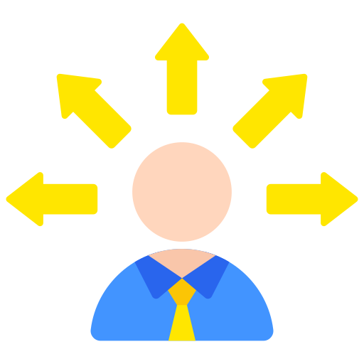 Person with a neutral expression in a blue shirt and yellow tie, surrounded by yellow arrows pointing in multiple directions, symbolizing choices and opportunities in career paths and entrepreneurship.